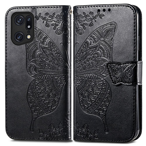 Leather Case Stands Butterfly Flip Cover Holder for Oppo Find X5 Pro 5G Black