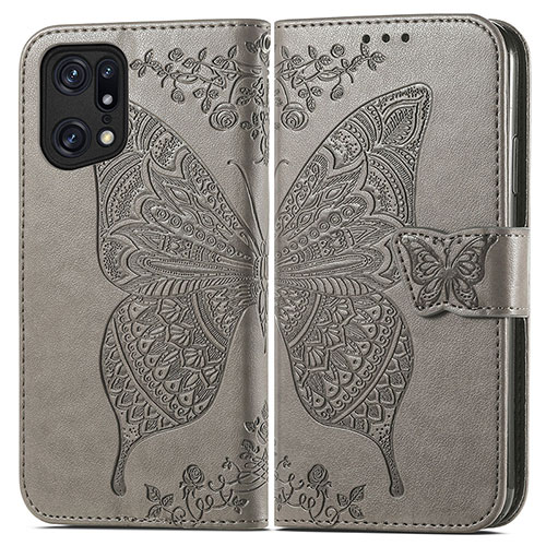 Leather Case Stands Butterfly Flip Cover Holder for Oppo Find X5 Pro 5G Gray