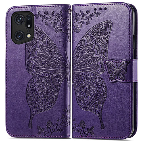 Leather Case Stands Butterfly Flip Cover Holder for Oppo Find X5 Pro 5G Purple