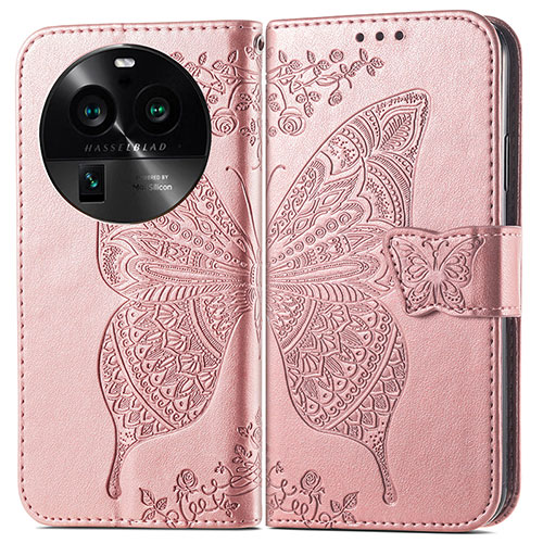 Leather Case Stands Butterfly Flip Cover Holder for Oppo Find X6 5G Rose Gold