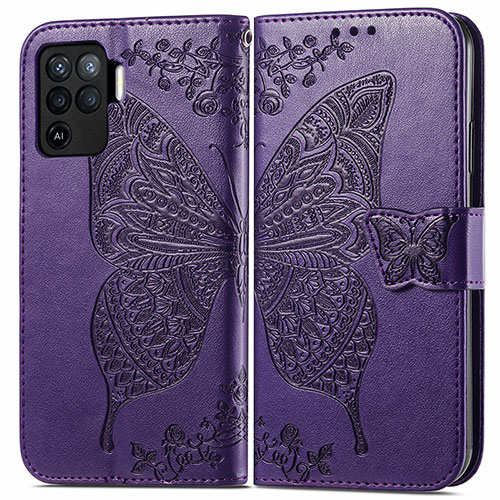 Leather Case Stands Butterfly Flip Cover Holder for Oppo Reno5 F Purple