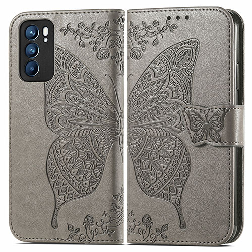 Leather Case Stands Butterfly Flip Cover Holder for Oppo Reno6 5G Gray