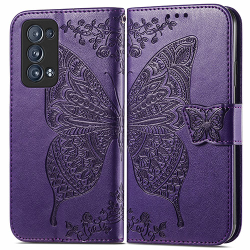 Leather Case Stands Butterfly Flip Cover Holder for Oppo Reno6 Pro 5G Purple