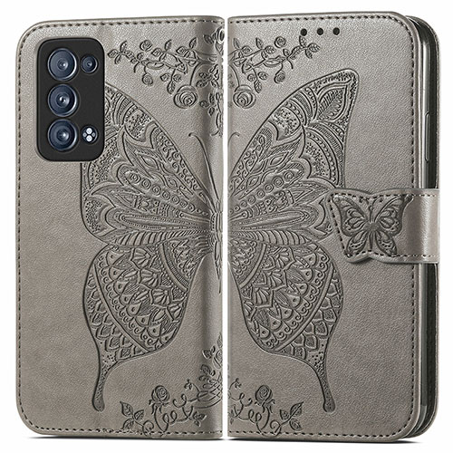 Leather Case Stands Butterfly Flip Cover Holder for Oppo Reno6 Pro+ Plus 5G Gray