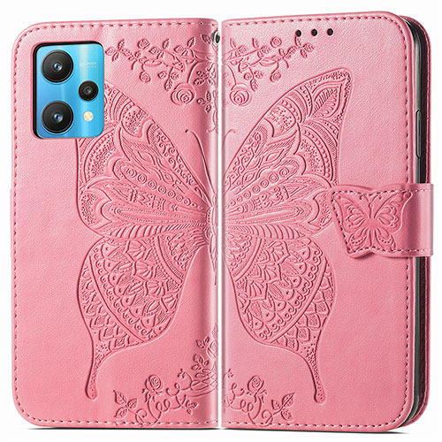 Leather Case Stands Butterfly Flip Cover Holder for Realme 9 4G Hot Pink