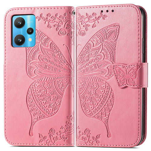 Leather Case Stands Butterfly Flip Cover Holder for Realme 9 5G Hot Pink