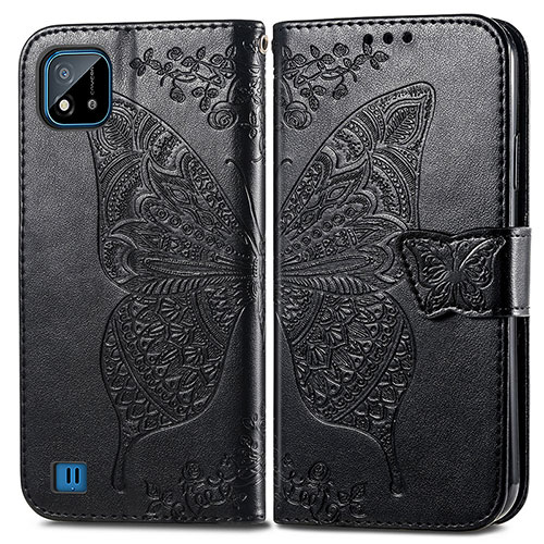 Leather Case Stands Butterfly Flip Cover Holder for Realme C11 (2021) Black