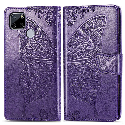 Leather Case Stands Butterfly Flip Cover Holder for Realme C12 Purple