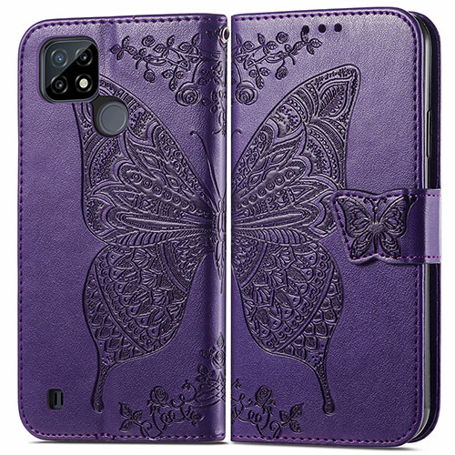 Leather Case Stands Butterfly Flip Cover Holder for Realme C21 Purple