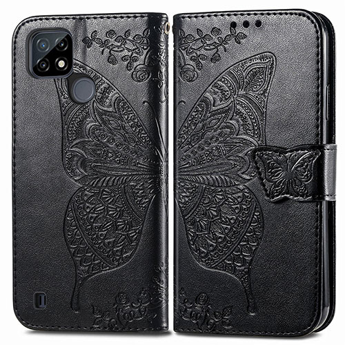 Leather Case Stands Butterfly Flip Cover Holder for Realme C21Y Black