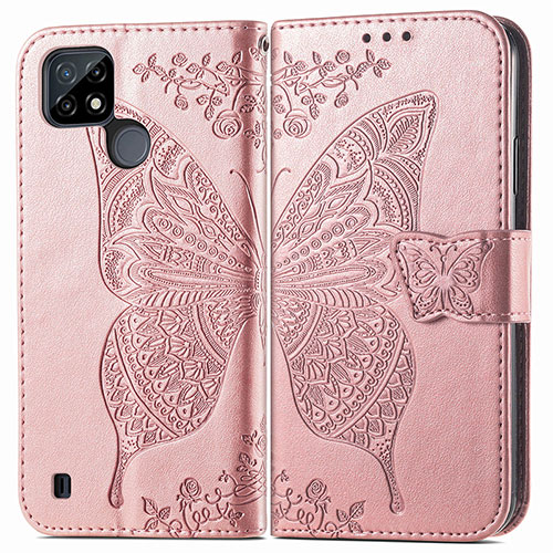 Leather Case Stands Butterfly Flip Cover Holder for Realme C21Y Rose Gold