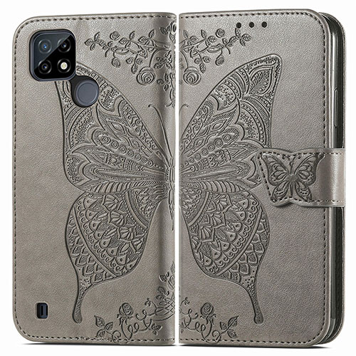 Leather Case Stands Butterfly Flip Cover Holder for Realme C25Y India Gray