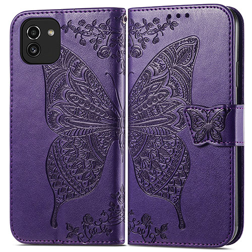 Leather Case Stands Butterfly Flip Cover Holder for Samsung Galaxy A03 Purple