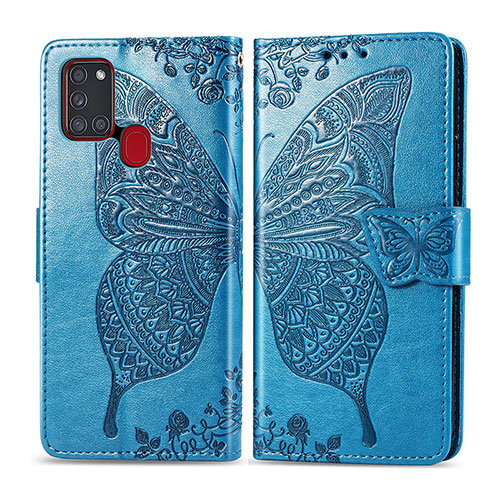 Leather Case Stands Butterfly Flip Cover Holder for Samsung Galaxy A21s Blue