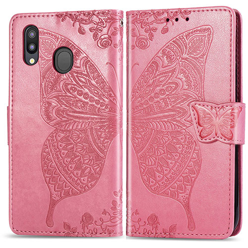 Leather Case Stands Butterfly Flip Cover Holder for Samsung Galaxy M20 Hot Pink