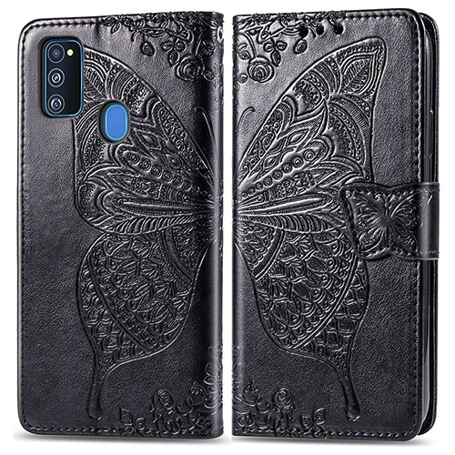 Leather Case Stands Butterfly Flip Cover Holder for Samsung Galaxy M21 Black