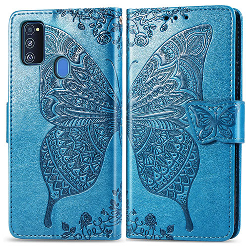 Leather Case Stands Butterfly Flip Cover Holder for Samsung Galaxy M21 Blue