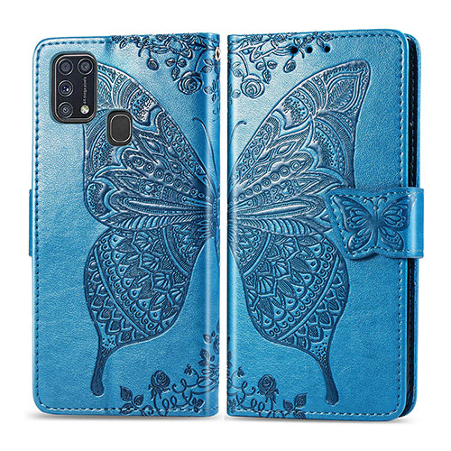 Leather Case Stands Butterfly Flip Cover Holder for Samsung Galaxy M21s Blue