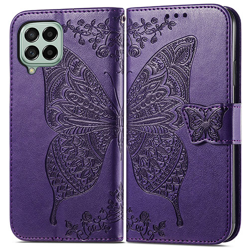 Leather Case Stands Butterfly Flip Cover Holder for Samsung Galaxy M53 5G Purple