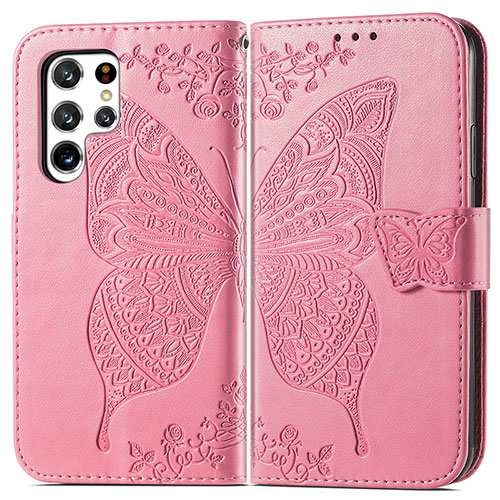 Leather Case Stands Butterfly Flip Cover Holder for Samsung Galaxy S21 Ultra 5G Hot Pink