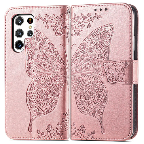 Leather Case Stands Butterfly Flip Cover Holder for Samsung Galaxy S21 Ultra 5G Pink