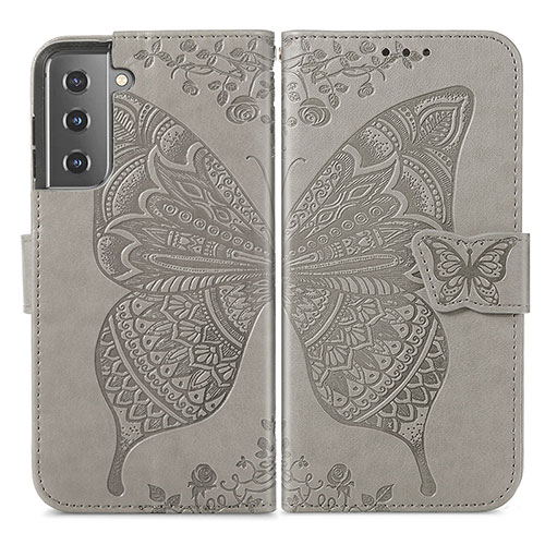 Leather Case Stands Butterfly Flip Cover Holder for Samsung Galaxy S22 Plus 5G Gray