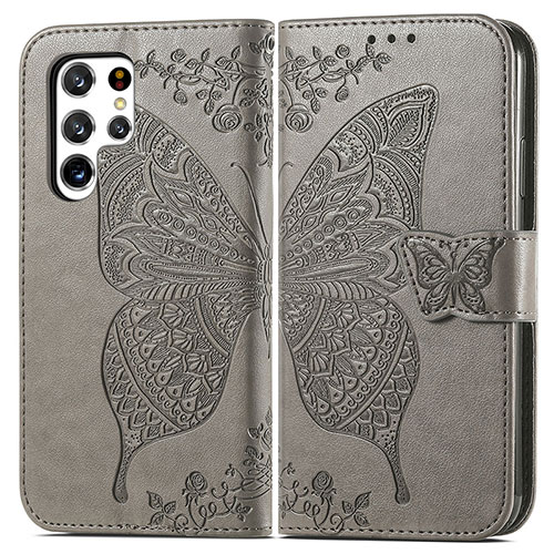 Leather Case Stands Butterfly Flip Cover Holder for Samsung Galaxy S23 Ultra 5G Gray