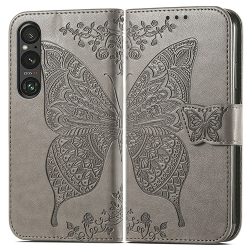 Leather Case Stands Butterfly Flip Cover Holder for Sony Xperia 1 V Gray