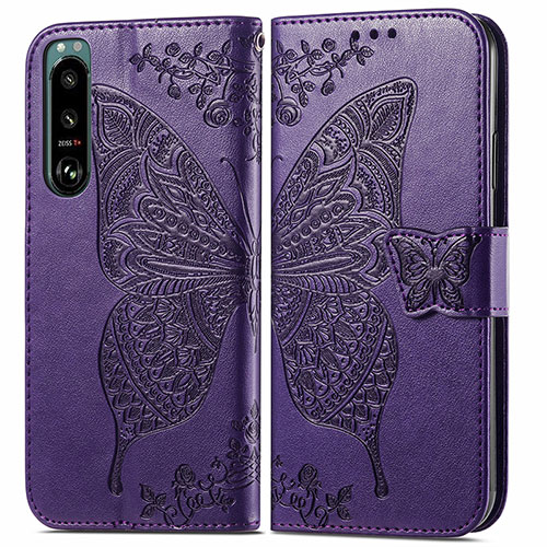 Leather Case Stands Butterfly Flip Cover Holder for Sony Xperia 5 III Purple