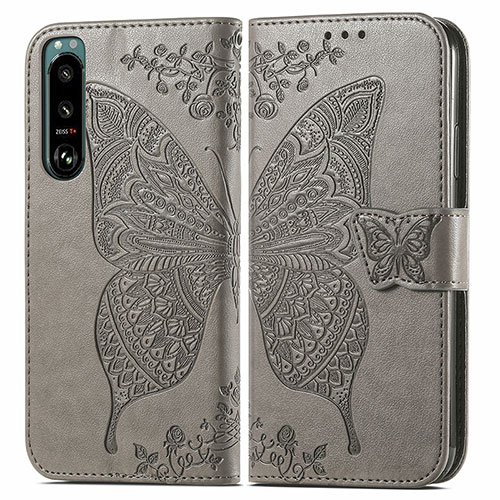 Leather Case Stands Butterfly Flip Cover Holder for Sony Xperia 5 III SO-53B Gray