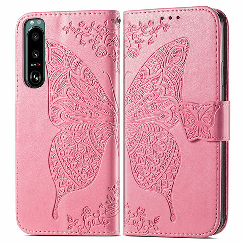 Leather Case Stands Butterfly Flip Cover Holder for Sony Xperia 5 III SO-53B Hot Pink