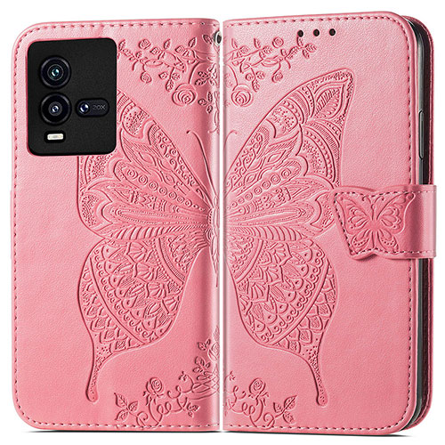 Leather Case Stands Butterfly Flip Cover Holder for Vivo iQOO 9T 5G Hot Pink