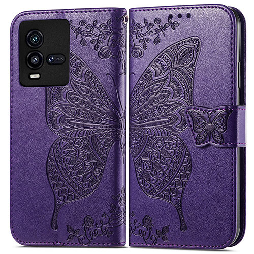 Leather Case Stands Butterfly Flip Cover Holder for Vivo iQOO 9T 5G Purple