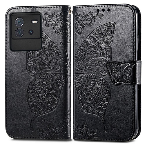 Leather Case Stands Butterfly Flip Cover Holder for Vivo iQOO Neo6 5G Black