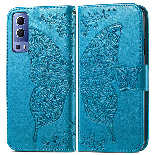 Leather Case Stands Butterfly Flip Cover Holder for Vivo iQOO Z3 5G Blue