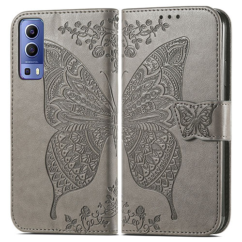 Leather Case Stands Butterfly Flip Cover Holder for Vivo iQOO Z3 5G Gray