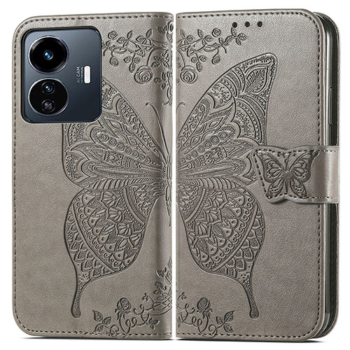 Leather Case Stands Butterfly Flip Cover Holder for Vivo iQOO Z6 Lite 5G Gray