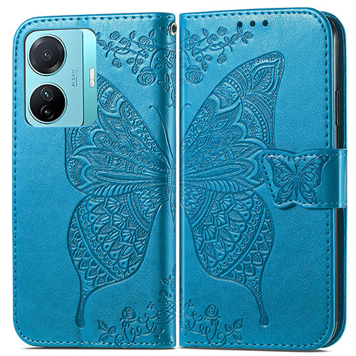 Leather Case Stands Butterfly Flip Cover Holder for Vivo iQOO Z6 Pro 5G Blue