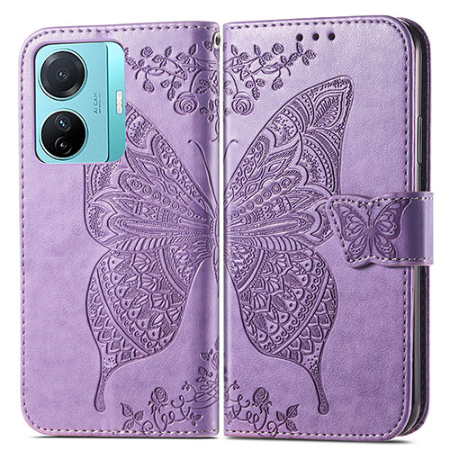 Leather Case Stands Butterfly Flip Cover Holder for Vivo iQOO Z6 Pro 5G Clove Purple