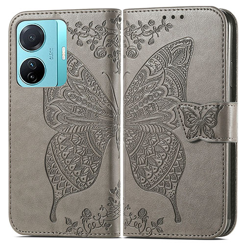 Leather Case Stands Butterfly Flip Cover Holder for Vivo iQOO Z6 Pro 5G Gray