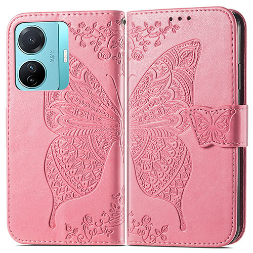 Leather Case Stands Butterfly Flip Cover Holder for Vivo iQOO Z6 Pro 5G Hot Pink