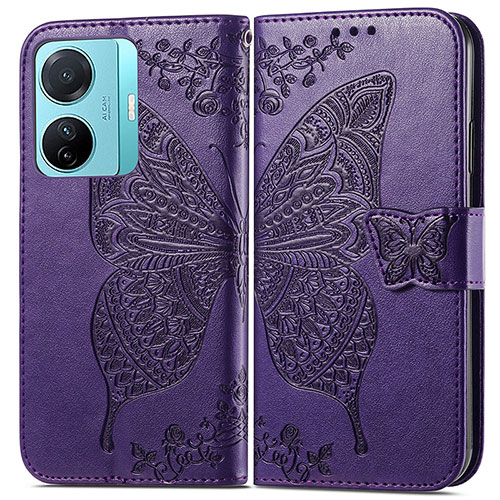 Leather Case Stands Butterfly Flip Cover Holder for Vivo iQOO Z6 Pro 5G Purple