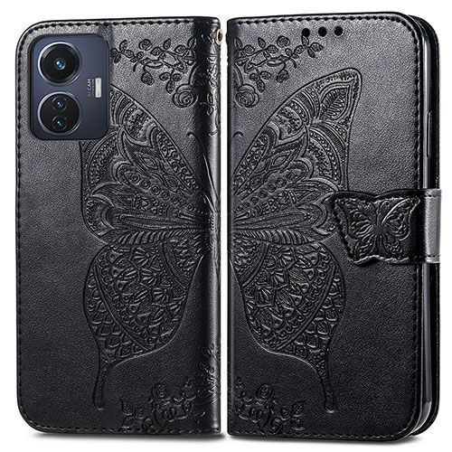 Leather Case Stands Butterfly Flip Cover Holder for Vivo T1 4G Black