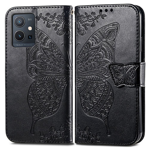 Leather Case Stands Butterfly Flip Cover Holder for Vivo T1 5G India Black
