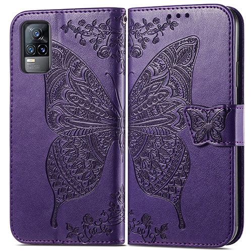 Leather Case Stands Butterfly Flip Cover Holder for Vivo V21e 4G Purple