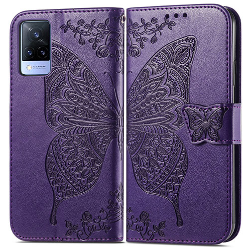 Leather Case Stands Butterfly Flip Cover Holder for Vivo V21s 5G Purple