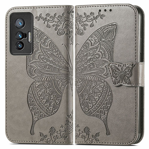 Leather Case Stands Butterfly Flip Cover Holder for Vivo X70t Gray