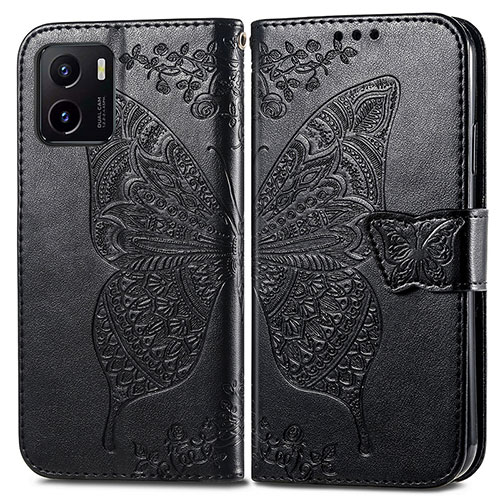 Leather Case Stands Butterfly Flip Cover Holder for Vivo Y01 Black