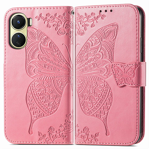 Leather Case Stands Butterfly Flip Cover Holder for Vivo Y02S Hot Pink