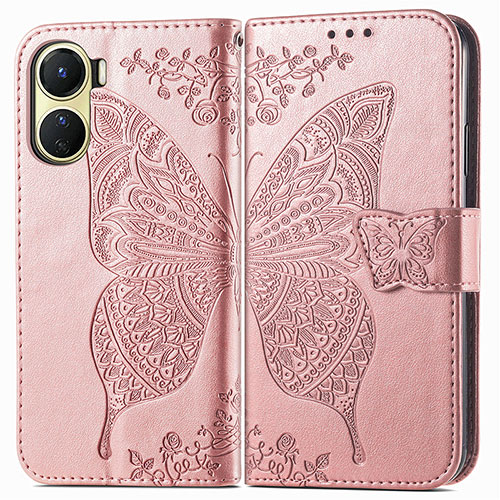 Leather Case Stands Butterfly Flip Cover Holder for Vivo Y02S Pink